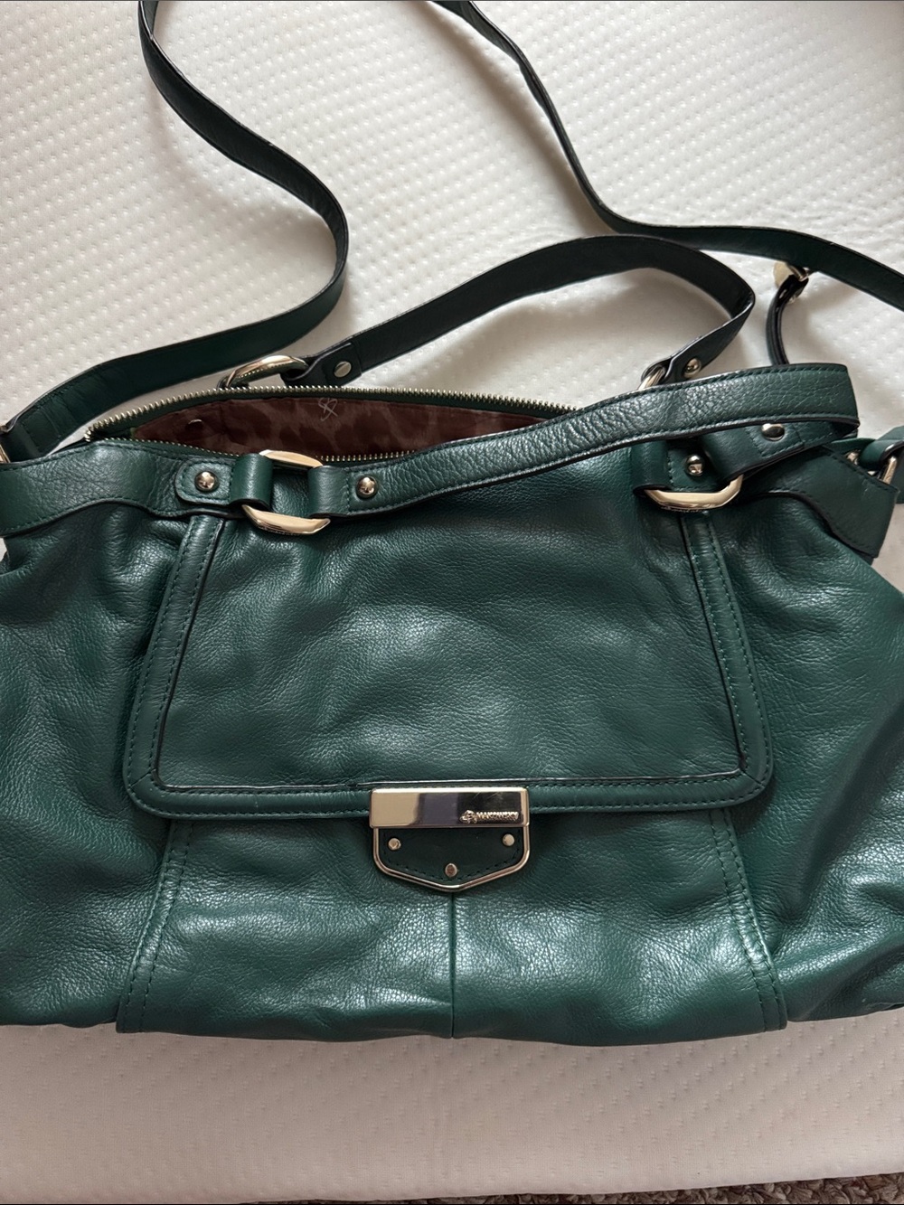 b. makowsky Emerald Green Leather Shoulder Bag with Gold Hardware